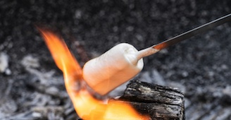 marshmellow cooking in bone fire where an already burn coal and an orange flame are seen in the winter during the day
